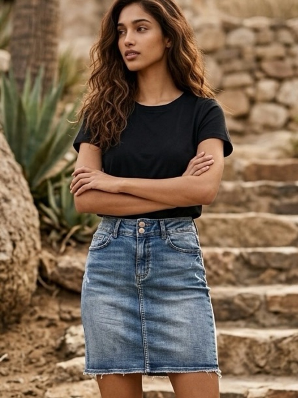 NYDJ Stretch Faded Denim Mini Skirt in BoHo Frayed Hem-Size 6